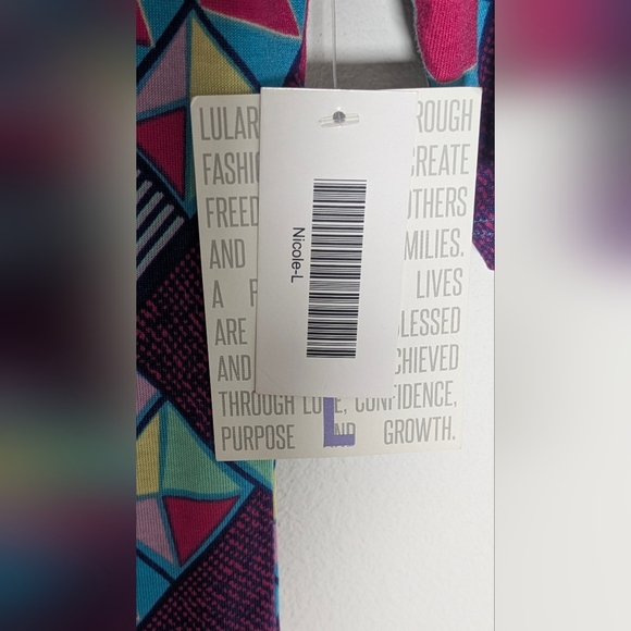 LULAROE New Nicole Dress Sz L Pink Blue Yellow Geometric Stretch Spandex Knit - Picture 7 of 10